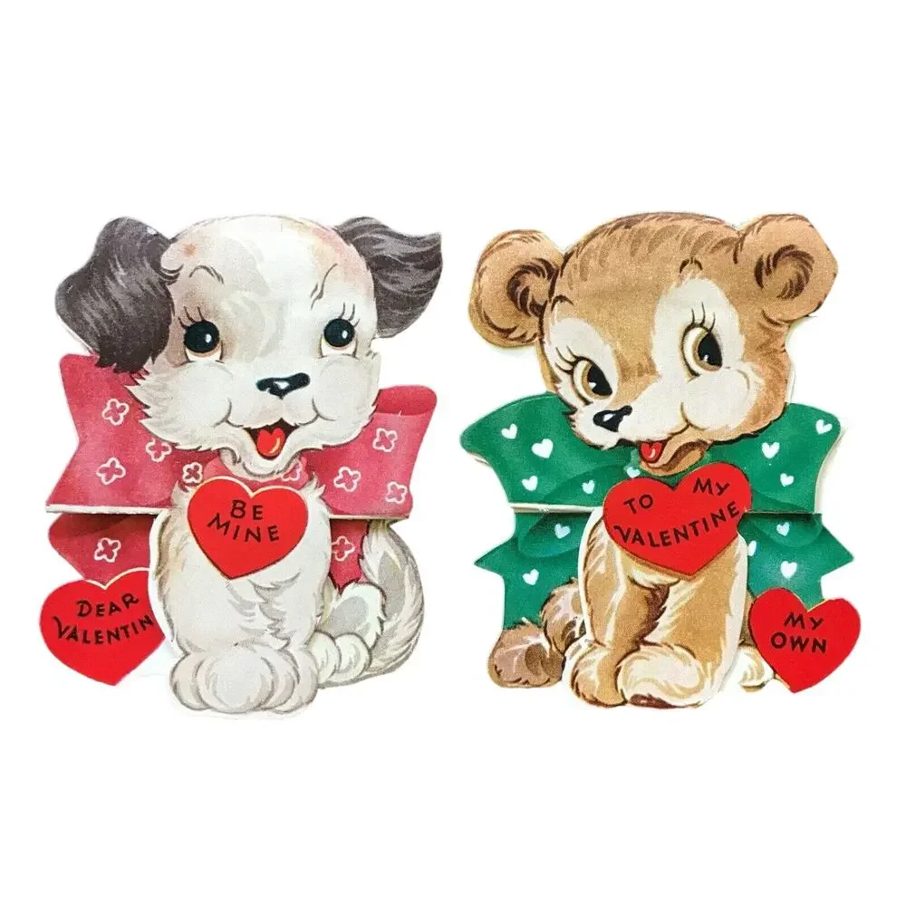 Valentine Greeting Card Puppy Dog and Bear A-Meri-Card Diecut Vintage Lot of 2